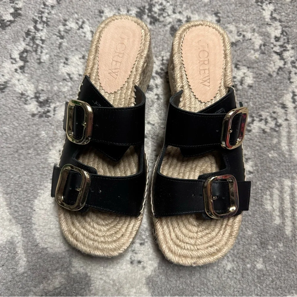 J. Crew Made in Spain Black Leather Gold Buckle Block Heel Espadrilles